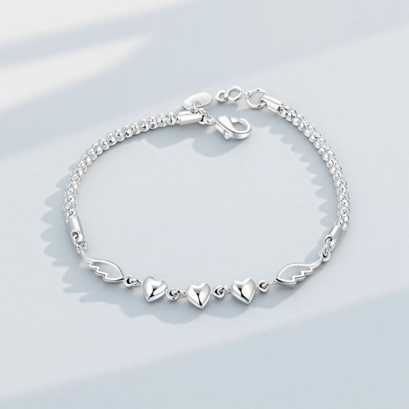 Stylish Silver-Plated Minimalist Heart-and-Feather Bracelet For Women