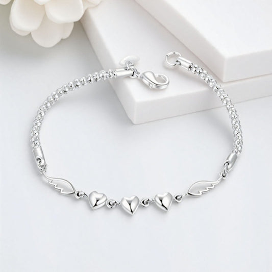 Stylish Silver-Plated Minimalist Heart-and-Feather Bracelet For Women